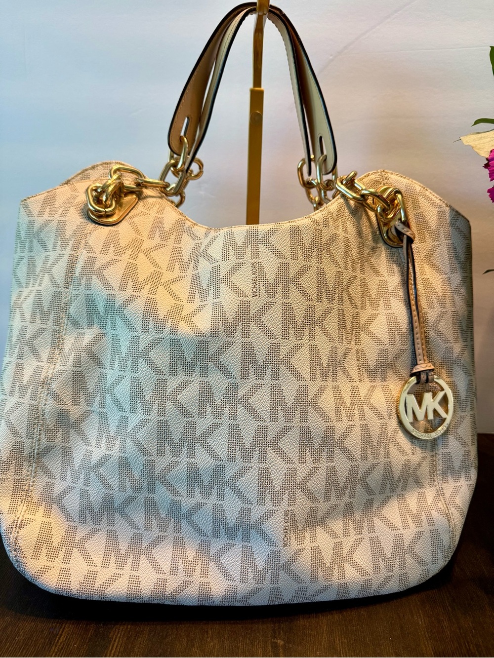 Michael Kors Beige MK Logo Tote with Gold Hardware